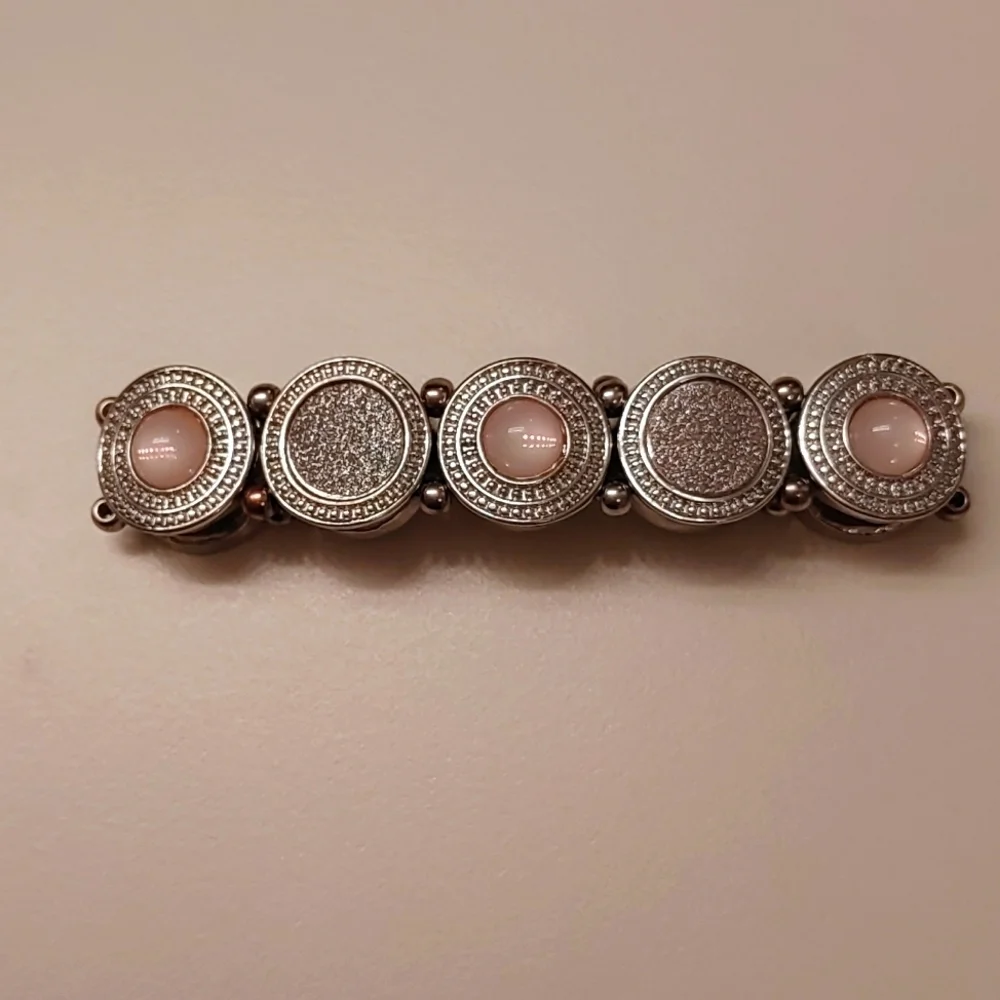 2/$30 Silver tone Coin Bracelet with Pink Cat's Eye Stones - Picture 2 of 5